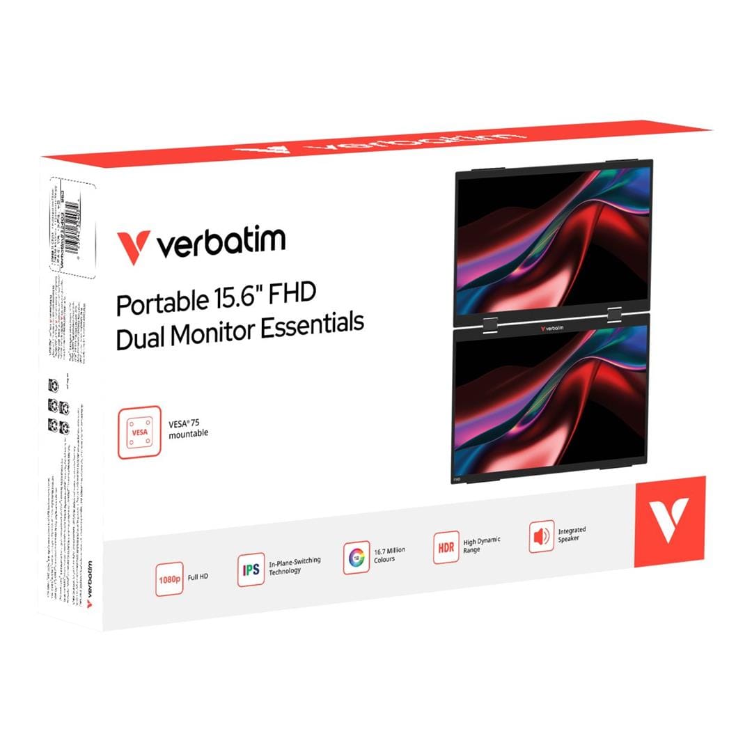 Verbatim 15.6-inch 1920 x 1080p FHD 16:9 60Hz 10ms LED IPS Portable Dual Essentials Monitor 32403